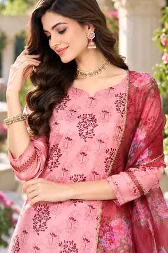 Women's silk chiffon printed kurta set with dupatta