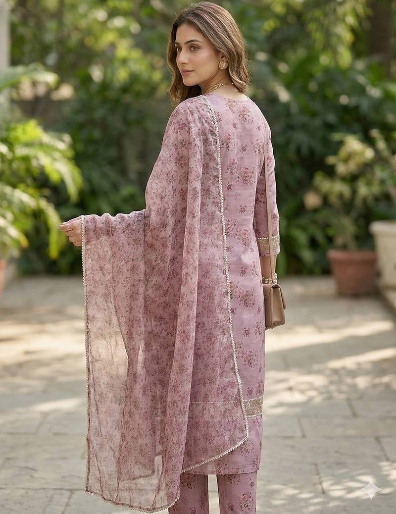 Women's silk chiffon embroidered kurta set with digital dupatta