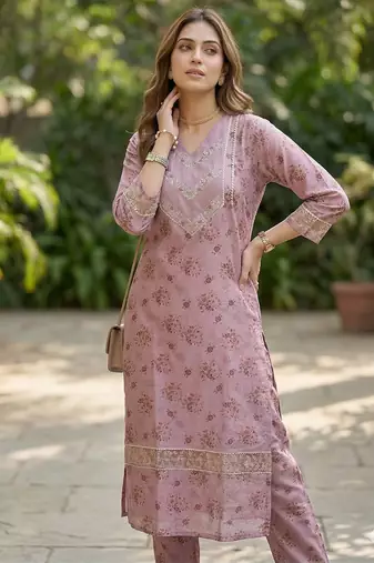 Women's silk chiffon embroidered kurta set with digital dupatta