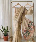 Cream Elephant And Floral Weaving Pallu Cotton Saree
