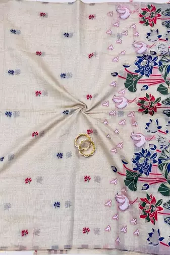 Cream Elephant And Floral Weaving Pallu Cotton Saree