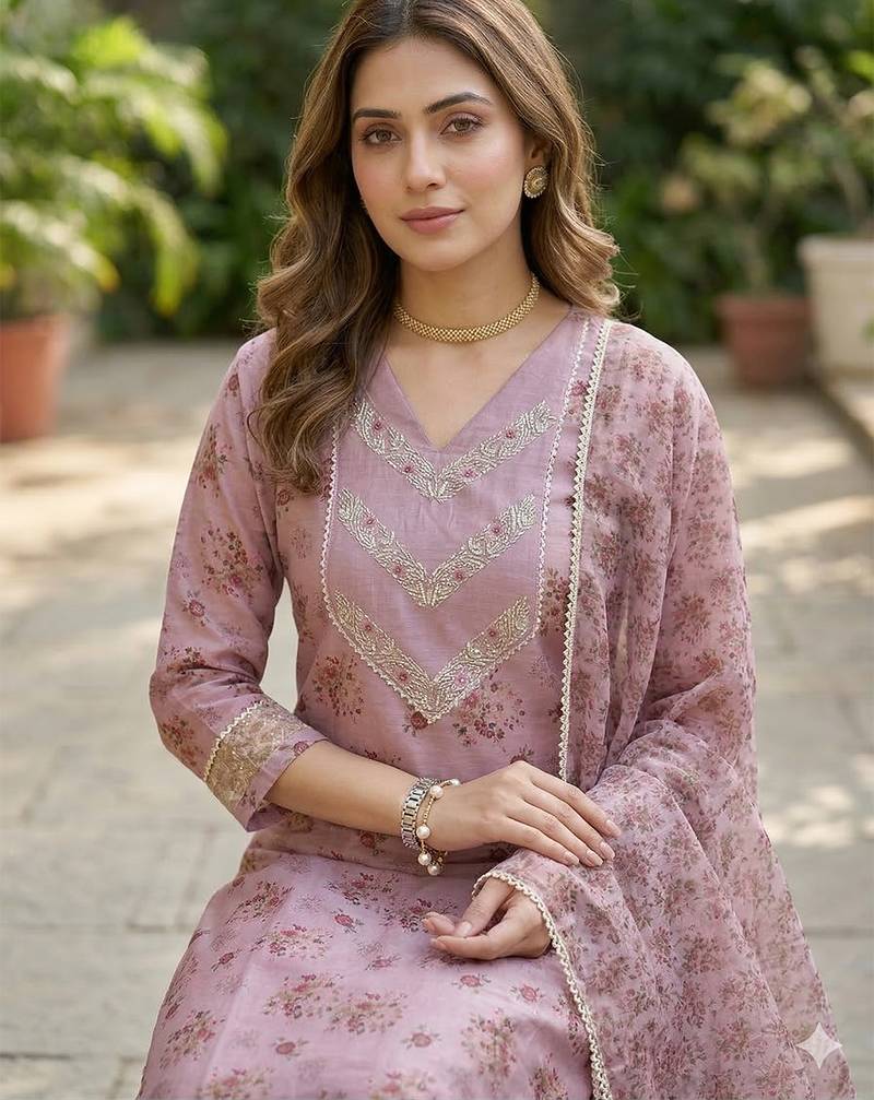 Women's silk chiffon embroidered kurta set with digital dupatta