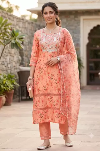 Women's silk chiffon embroidered kurta set with digital dupatta