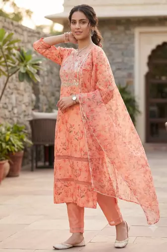 Women's silk chiffon embroidered kurta set with digital dupatta