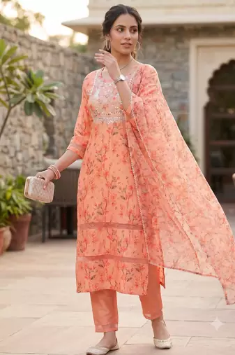 Women's silk chiffon embroidered kurta set with digital dupatta