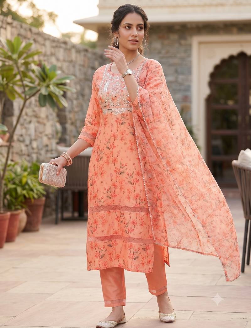 Women's silk chiffon embroidered kurta set with digital dupatta