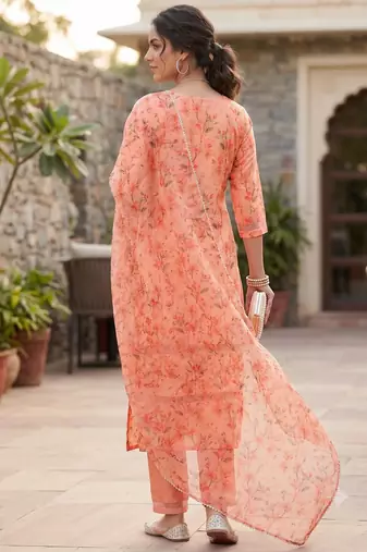 Women's silk chiffon embroidered kurta set with digital dupatta
