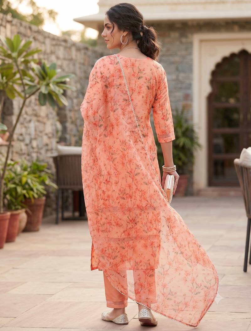 Women's silk chiffon embroidered kurta set with digital dupatta