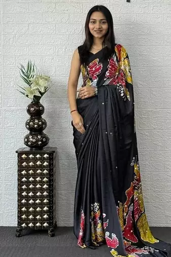 Black Mirror Work Satin Silk Saree