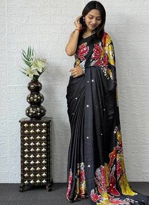 Black Mirror Work Satin Silk Saree 2