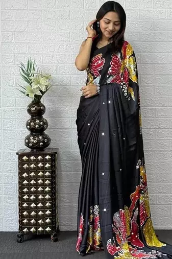 Black Mirror Work Satin Silk Saree
