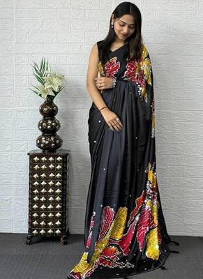 Black Mirror Work Satin Silk Saree 4
