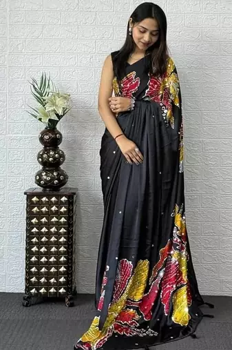 Black Mirror Work Satin Silk Saree