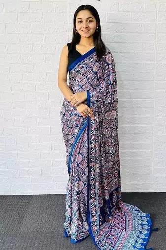 Blue Color Heavy Mirror Work With Elegant Latkan Pallu Border Work Satin Saree