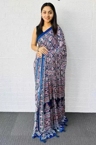 Blue Color Heavy Mirror Work With Elegant Latkan Pallu Border Work Satin Saree