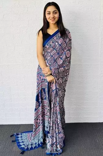 Blue Color Heavy Mirror Work With Elegant Latkan Pallu Border Work Satin Saree