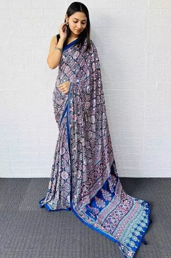 Blue Color Heavy Mirror Work With Elegant Latkan Pallu Border Work Satin Saree