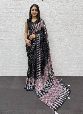 Black Heavy Mirror Work With Elegant Viscose Latkan Pallu Border Work Satin Art Silk Saree 1