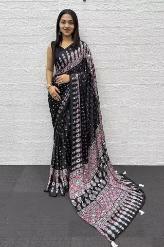 Black Heavy Mirror Work With Elegant Viscose Latkan Pallu Border Work Satin Art Silk Saree