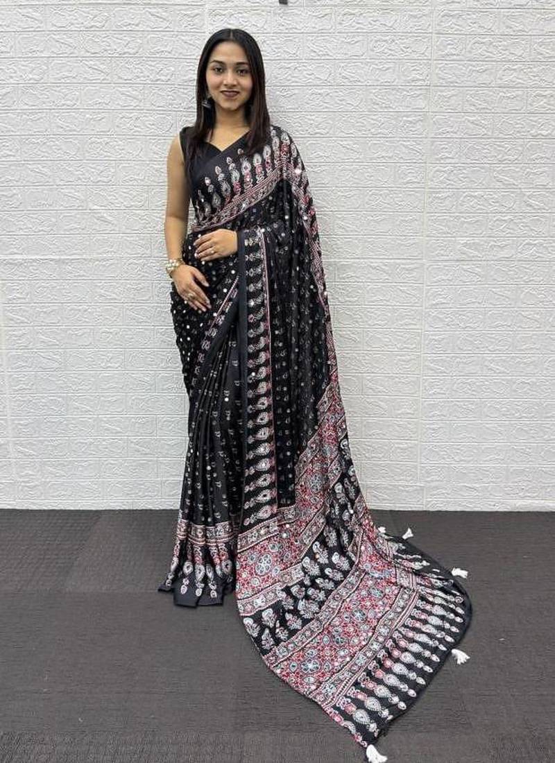 Black Heavy Mirror Work With Elegant Viscose Latkan Pallu Border Work Satin Art Silk Saree