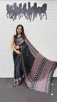 Black Heavy Mirror Work With Elegant Viscose Latkan Pallu Border Work Satin Art Silk Saree 2