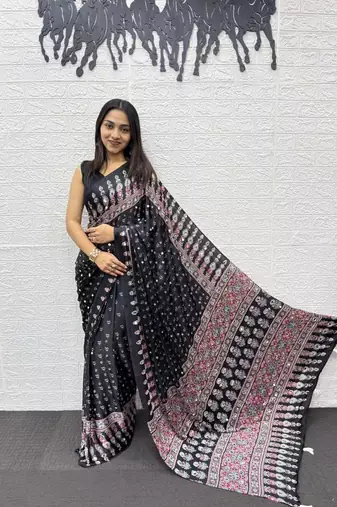 Black Heavy Mirror Work With Elegant Viscose Latkan Pallu Border Work Satin Art Silk Saree