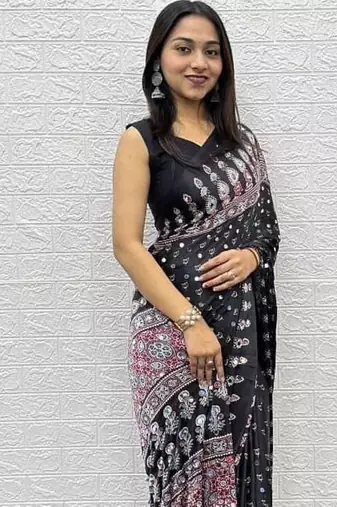 Black Heavy Mirror Work With Elegant Viscose Latkan Pallu Border Work Satin Art Silk Saree