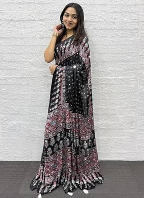 Black Heavy Mirror Work With Elegant Viscose Latkan Pallu Border Work Satin Art Silk Saree 4