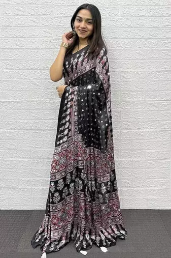Black Heavy Mirror Work With Elegant Viscose Latkan Pallu Border Work Satin Art Silk Saree