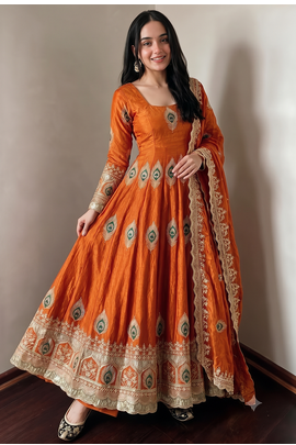 Orange  silk blend embroidered anarkali kurta set with pant and dupatta 3