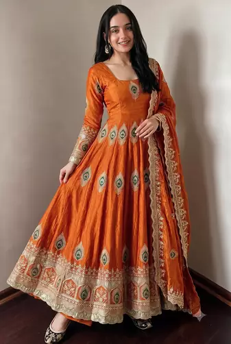 Orange  silk blend embroidered anarkali kurta set with pant and dupatta
