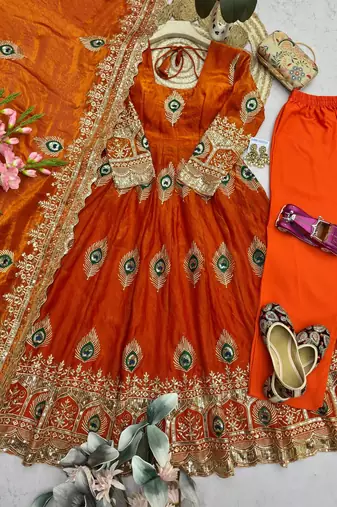 Orange  silk blend embroidered anarkali kurta set with pant and dupatta