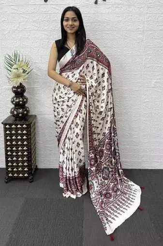 Maroon Color Mirror Work Satin Saree