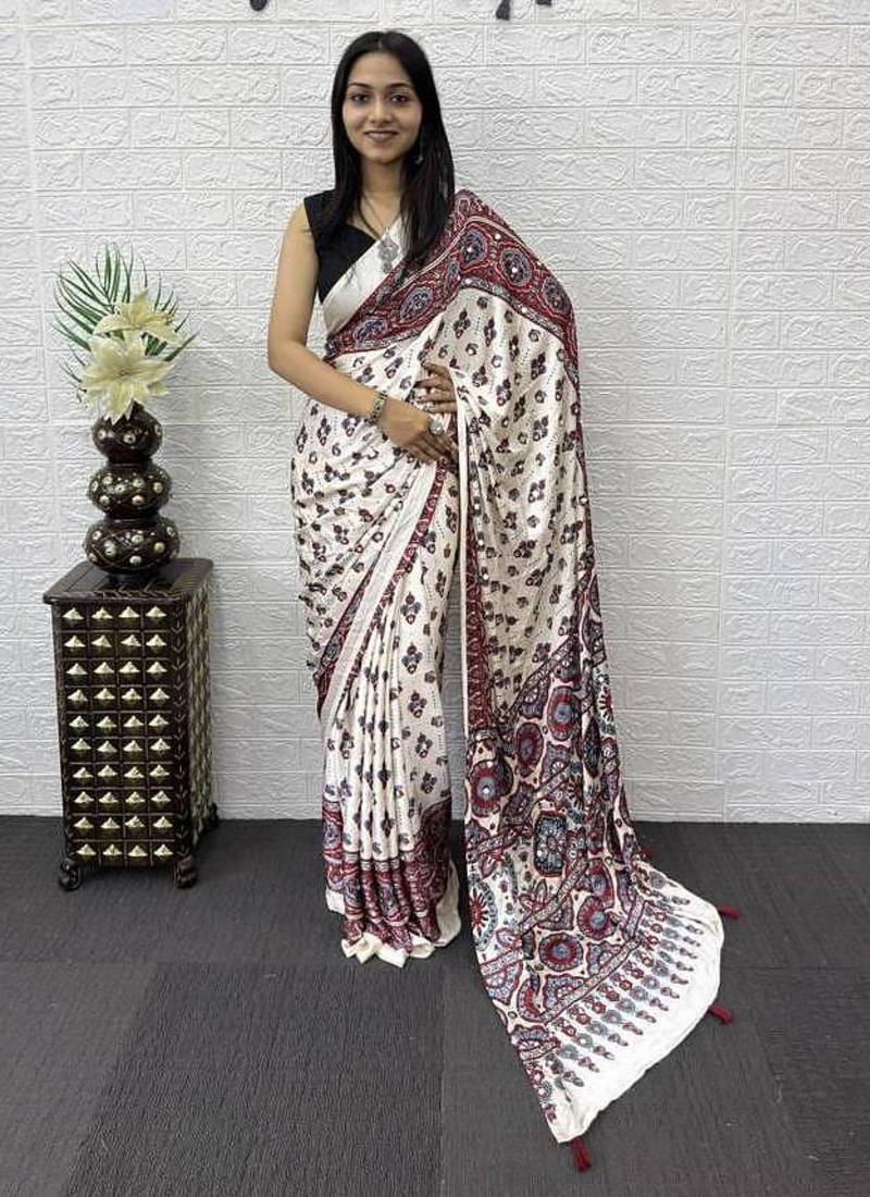 Maroon Color Mirror Work Satin Saree