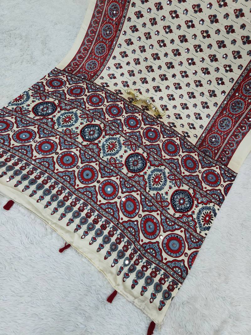 Maroon Color Mirror Work Satin Saree
