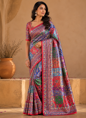 Red Color Digital Printed And Mirror Work Dola Silk Saree 1