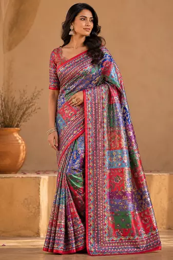 Red Color Digital Printed And Mirror Work Dola Silk Saree
