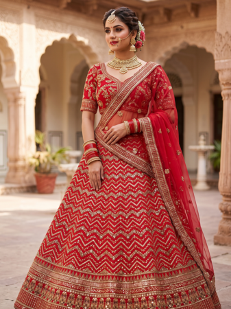 Royal Red Bridal Lehenga Choli with Heavy Golden Embroidery