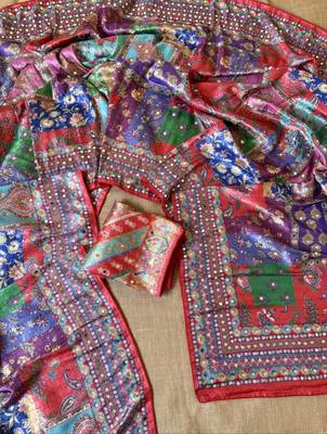 Red Color Digital Printed And Mirror Work Dola Silk Saree 4