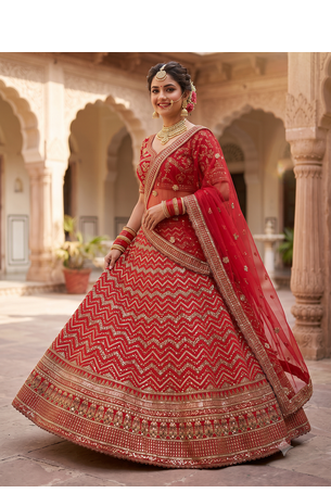 Royal Red Bridal Lehenga Choli with Heavy Golden Embroidery 2