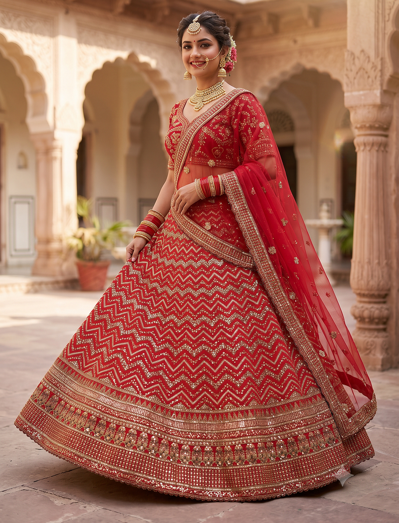 Royal Red Bridal Lehenga Choli with Heavy Golden Embroidery