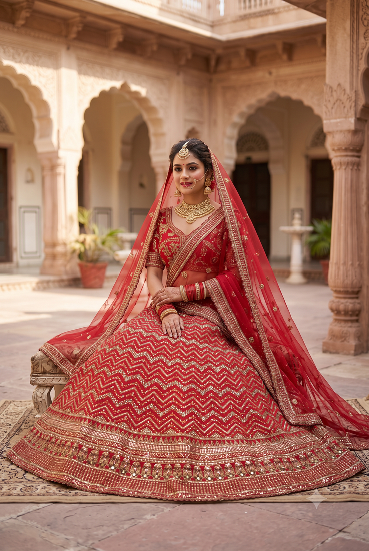 Royal Red Bridal Lehenga Choli with Heavy Golden Embroidery