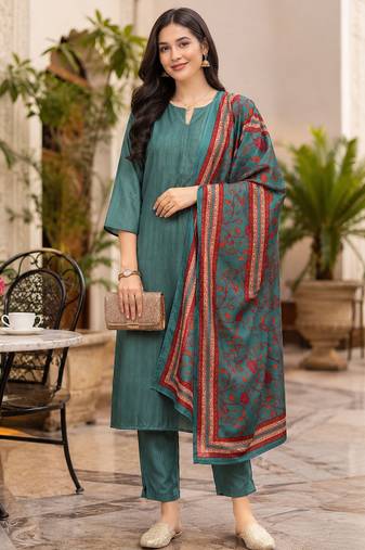 Women's straight side slit  kurta pant set with digital dupatta