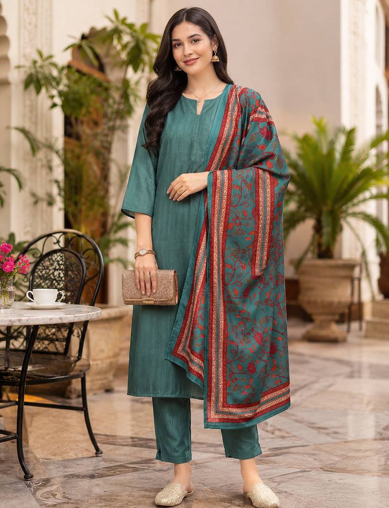 Women's straight side slit  kurta pant set with digital dupatta
