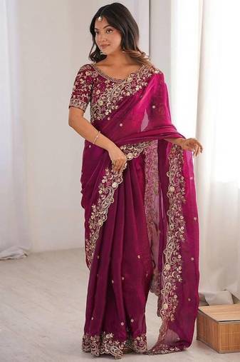 Magenta Embroidery Sequin Work Chiffon Saree
