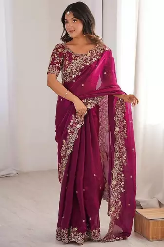 Magenta Embroidery Sequin Work Chiffon Saree