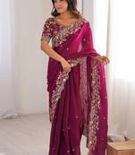 Magenta Embroidery Sequin Work Chiffon Saree