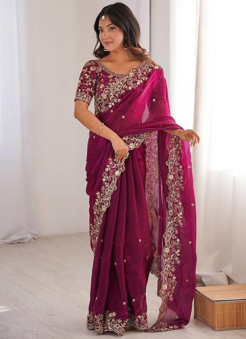 Magenta Embroidery Sequin Work Chiffon Saree