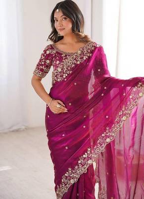 Magenta Embroidery Sequin Work Chiffon Saree 3