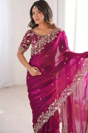 Magenta Embroidery Sequin Work Chiffon Saree